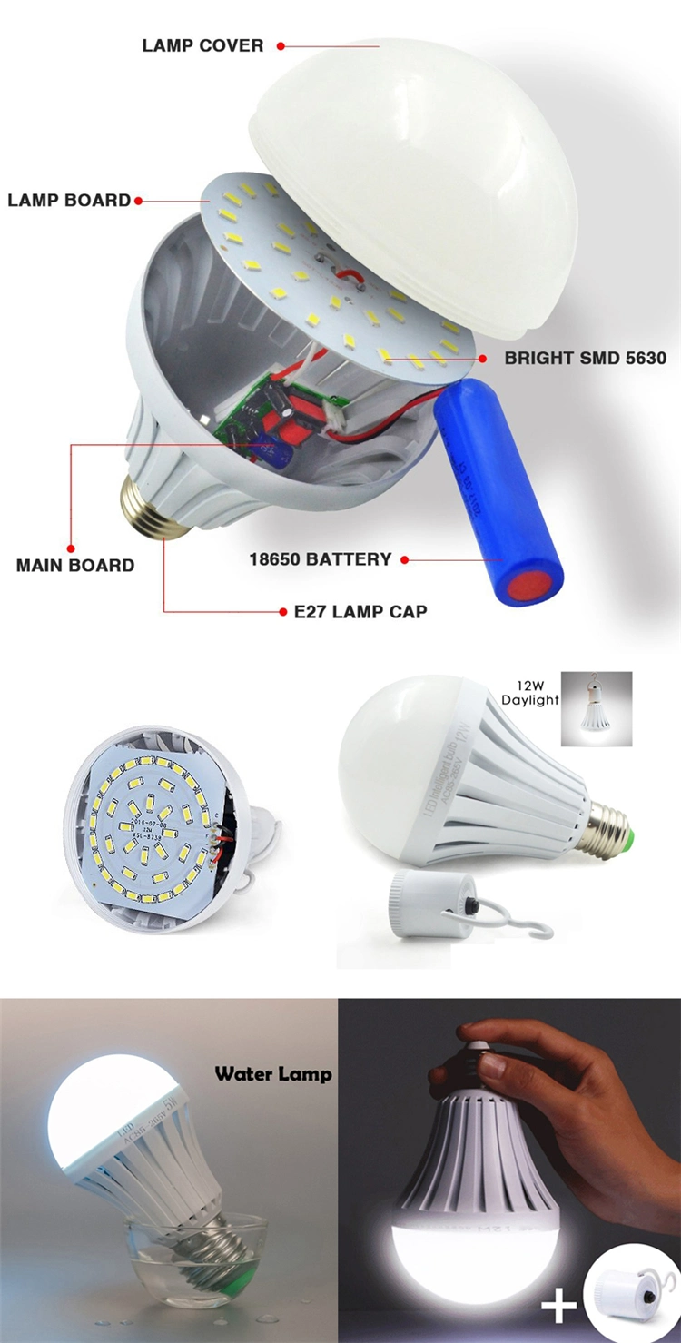 High Power 12 Volt 12W E27 B22 Base Emergency Rechargeable LED Bulb Rechargeable Bulb Light E27 Emergency Saving LED Lamp