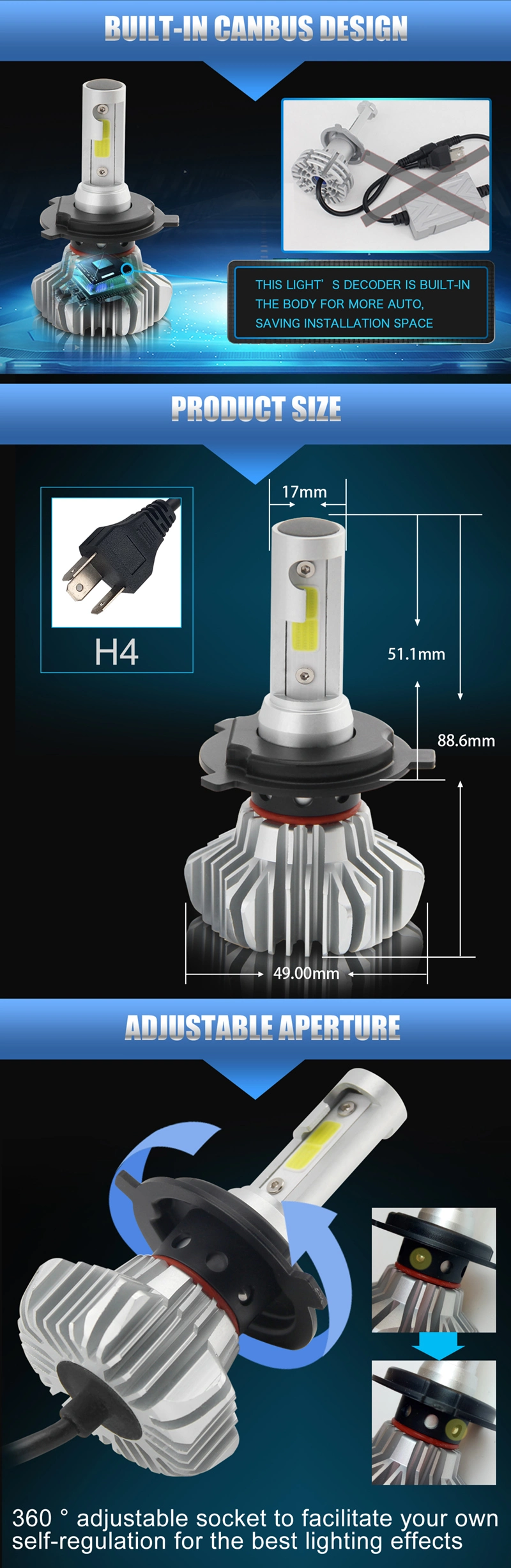 Auto Fanless LED Headlight Bulbs H4 12000lm COB LED Light Bulbs H7 Car H4 LED Headlight