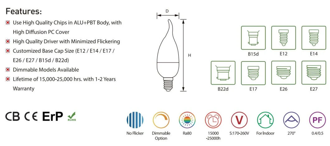 China Manufacturer C37 C37L Candle LED SMD Bulb with CE RoHS