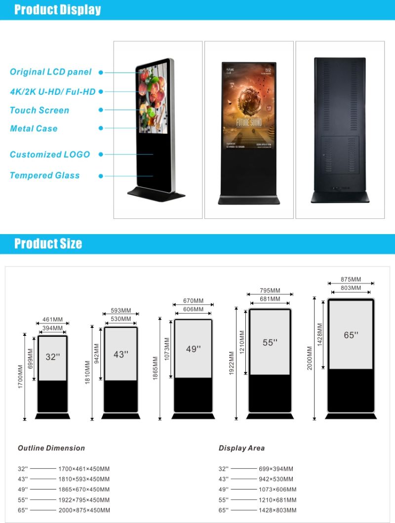 55" Floor Standing Digital Signage Display Totem LCD Advertising Kiosk