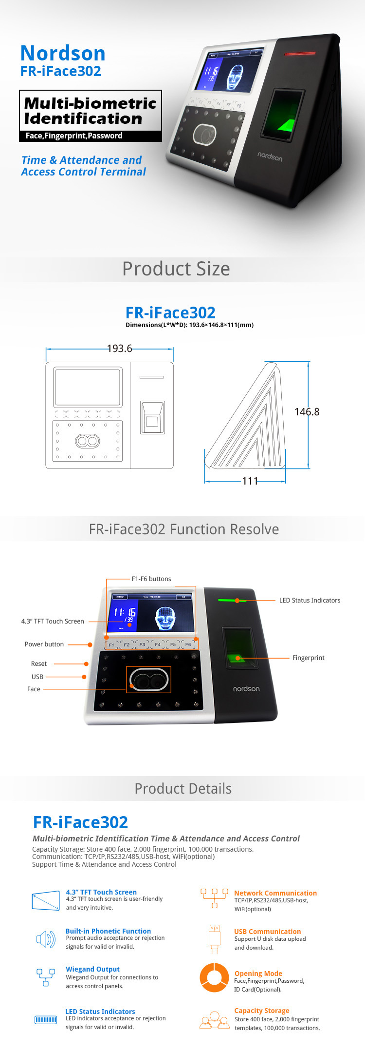 Multi-Language Biometric Facial Fingerprint Access Control with Time Attendance Wiegand Output