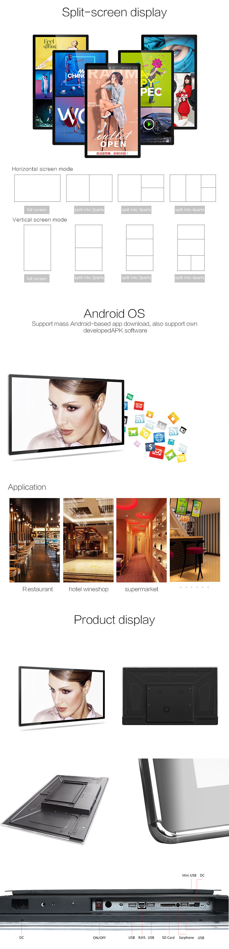 Aiyos 55 Inch LCD Digital Signage Advertising Audio Player Interactive Wall Mounted Screens