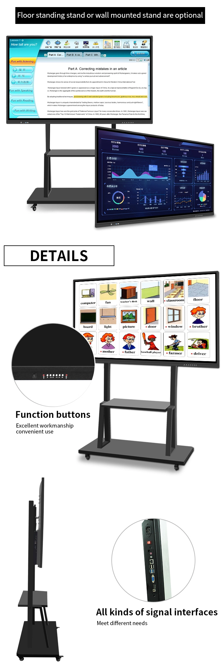 OEM 65 Inch Classroom Teaching Portable Interactive Whiteboard Digital Touch Screen Display Kiosk