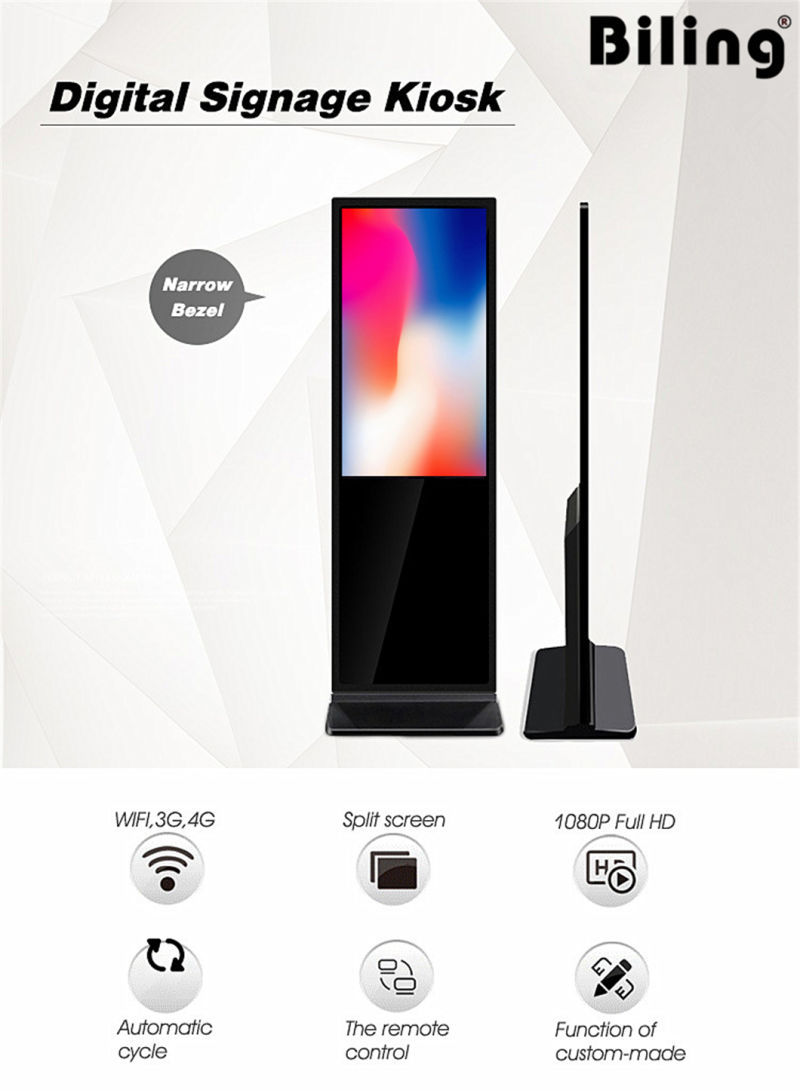 3G Ad Video Player 65 Inch Narrow Bezel Floor Stand Digital Signage Advertising and Mobile Phone Charging Station 1000 Nit LCD Advertising Player Touch Kiosk