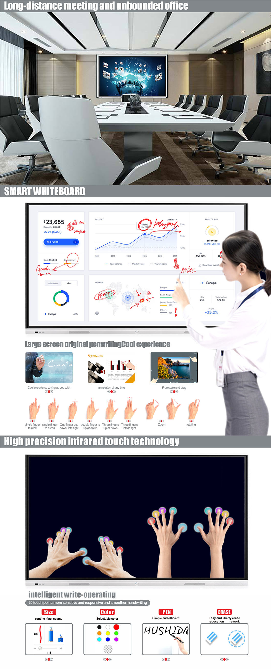 T6 Series Nesting 75 Inch IR Touch Screen Whiteboard Large Interactive Whiteboard for Business