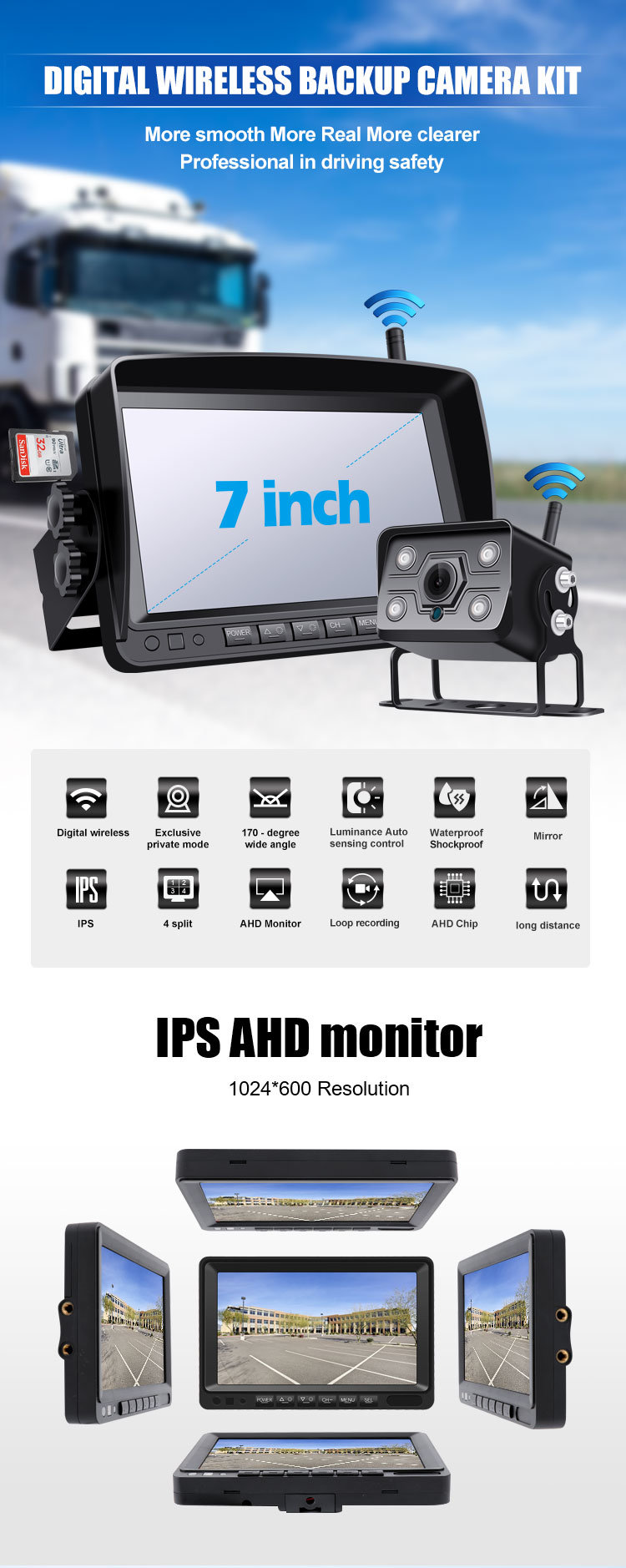 7 Inch Camera Monitor Digital Wireless Reversing Camera Kit Backup Camera