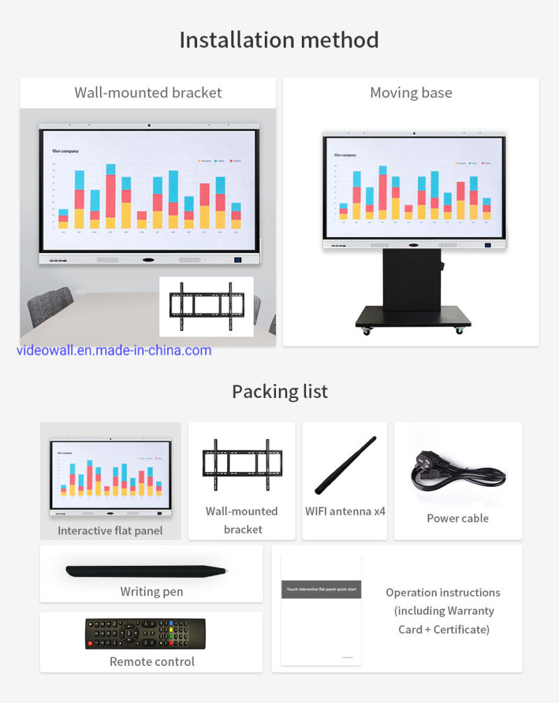 Android 8.0 classroom digital whiteboard with wall-mount bracket