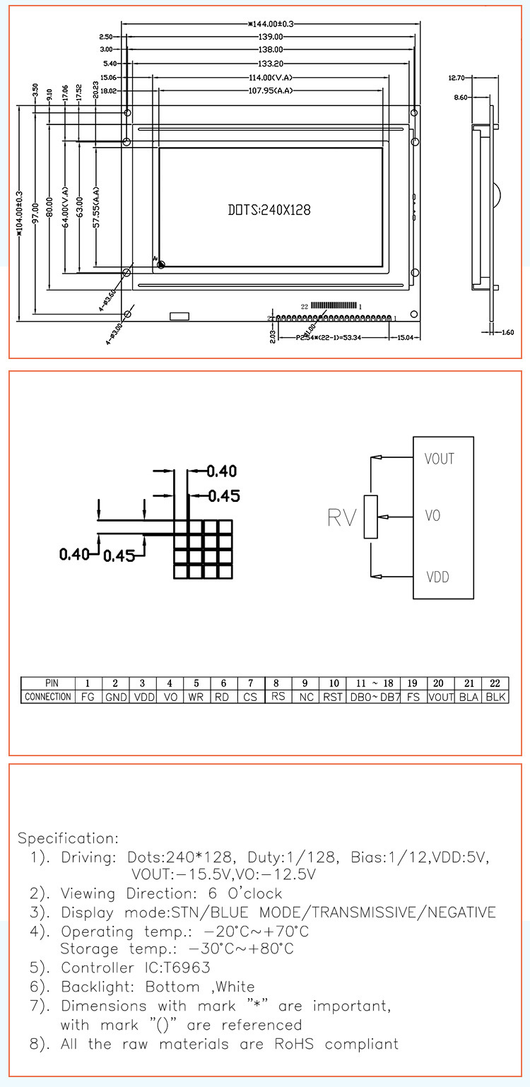RoHS Display Module 5V 22 Pin LCD Screen Graphic T6963c LCD Display 240X128