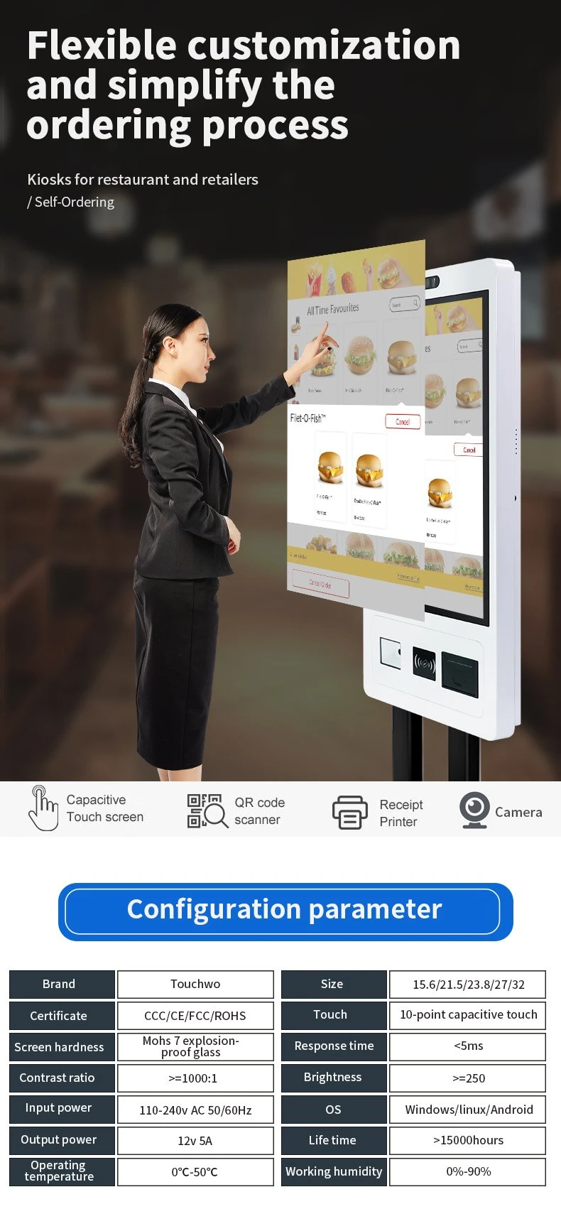 Android 7.1 Capacitive Touch Panel LCD Display 21.5 Inch Fast Food Self Ordering Kiosk