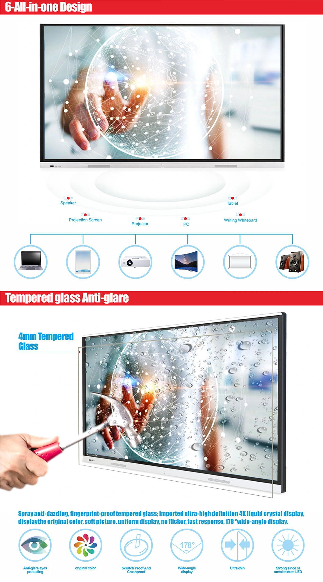 T6 Series Nesting 55 Inch SKD IR Finger Touch Portable Interactive Whiteboard with LCD Touch Panel