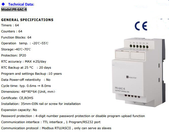 Pr-6AC-R Without LCD Without Cable Programmable Logic Controller, Smart Relay, Micro PLC Controller, Ce