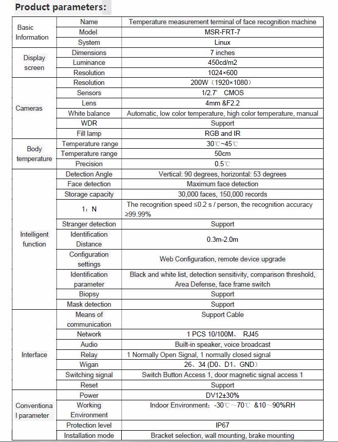 Face Recognition System with Automatic Temperature Measurement, Mask Identify Facial Recognition; Access Control Terminal with Dual Camera