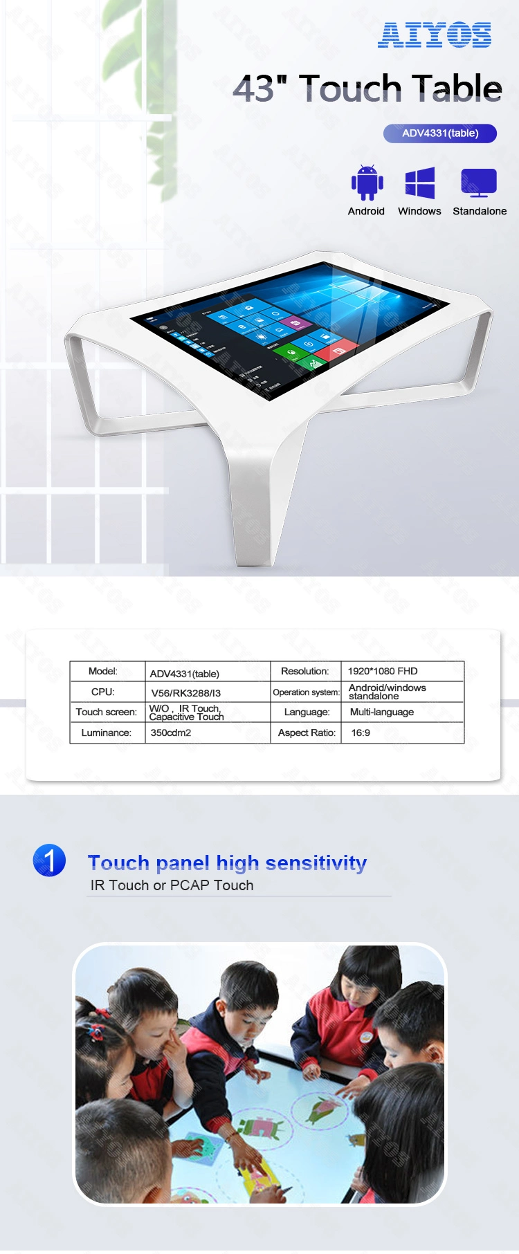 Aiyos 42 43 Inch Android Windows Smart Interactive Touch Screen Table Gaming Touch Table for Children