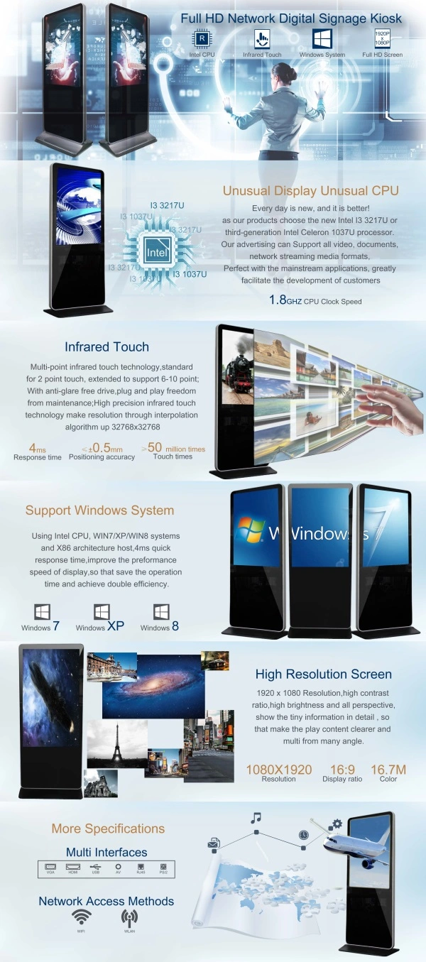 Touch Screen Advertising Interactive Display Digital Signage WiFi USB HD Multimedia Kiosk