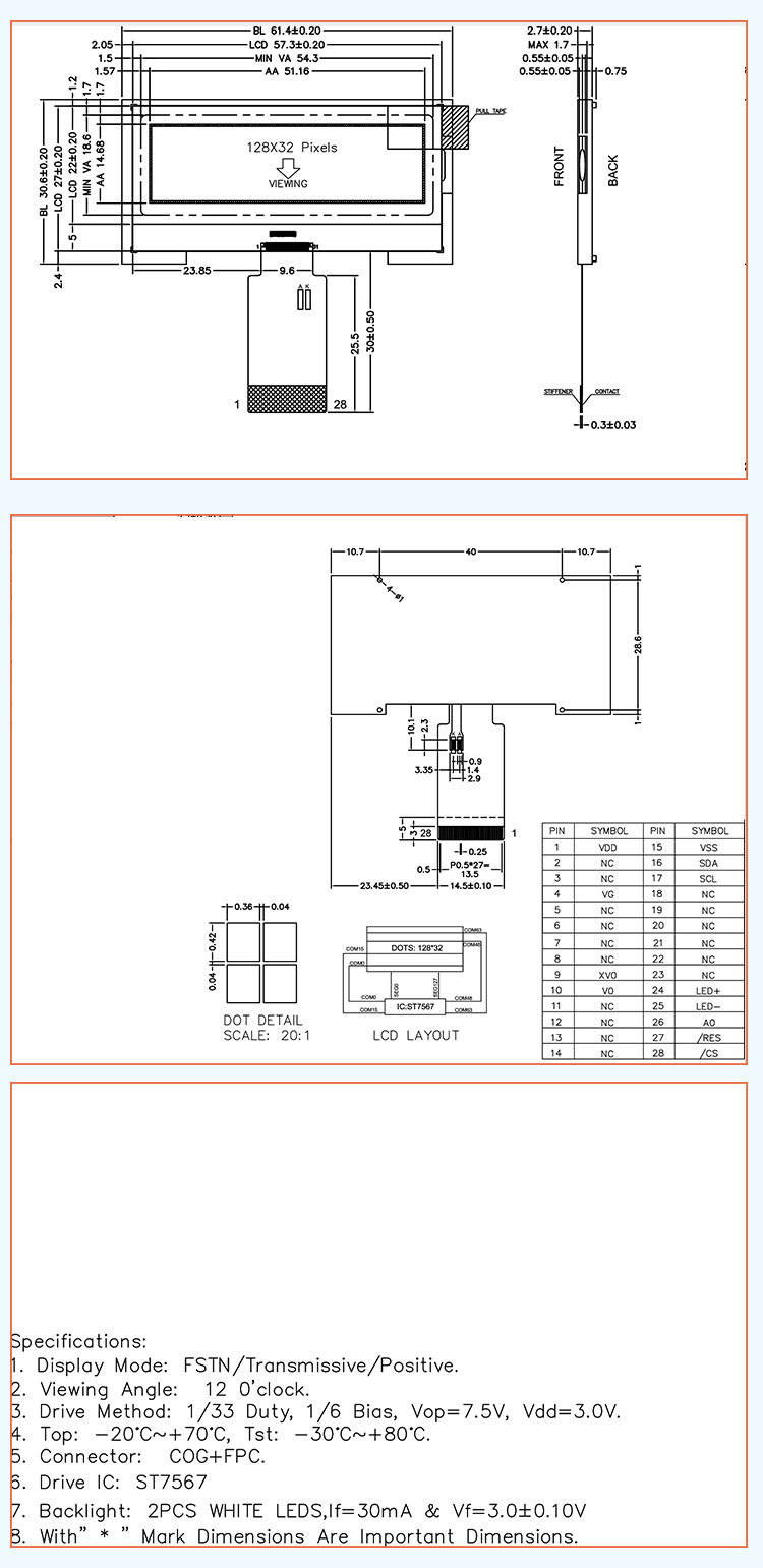 Mono Graphic Cog LCD Module 28 Pin St7567 Serial Screen FSTN 128X32 LCD Display