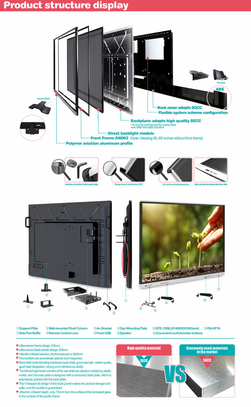 T6h55D 55-Inch SKD High Precision Touch 4K Interactive Whiteboard Dual System Smart Board Interactive for Education