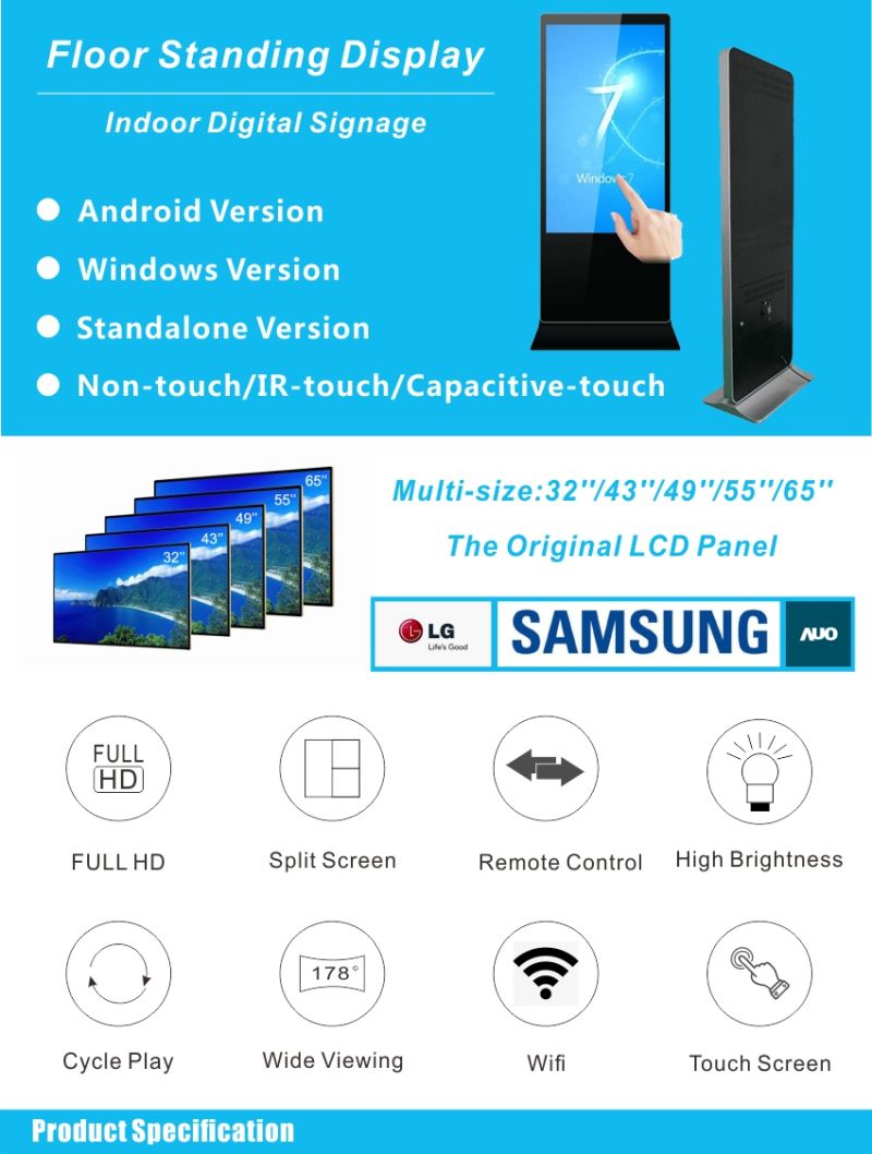 Indoor 55 Inch Advertising Player WiFi 3G GPS Digital Signage Kiosk for Shopping Mall