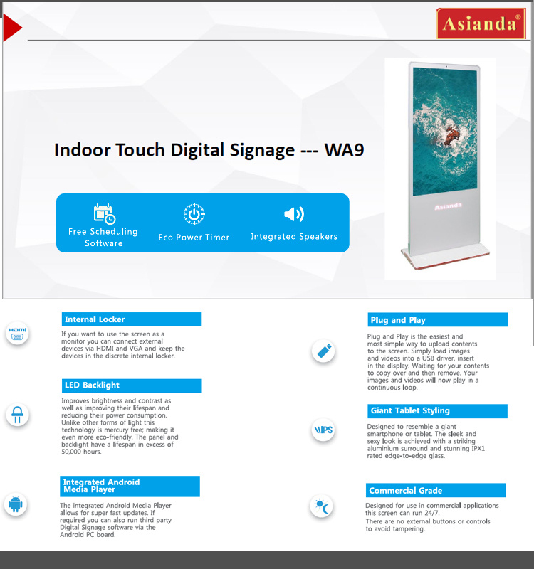 55inch Standalone Digital Signage, Totem Kiosk for Advertising Players