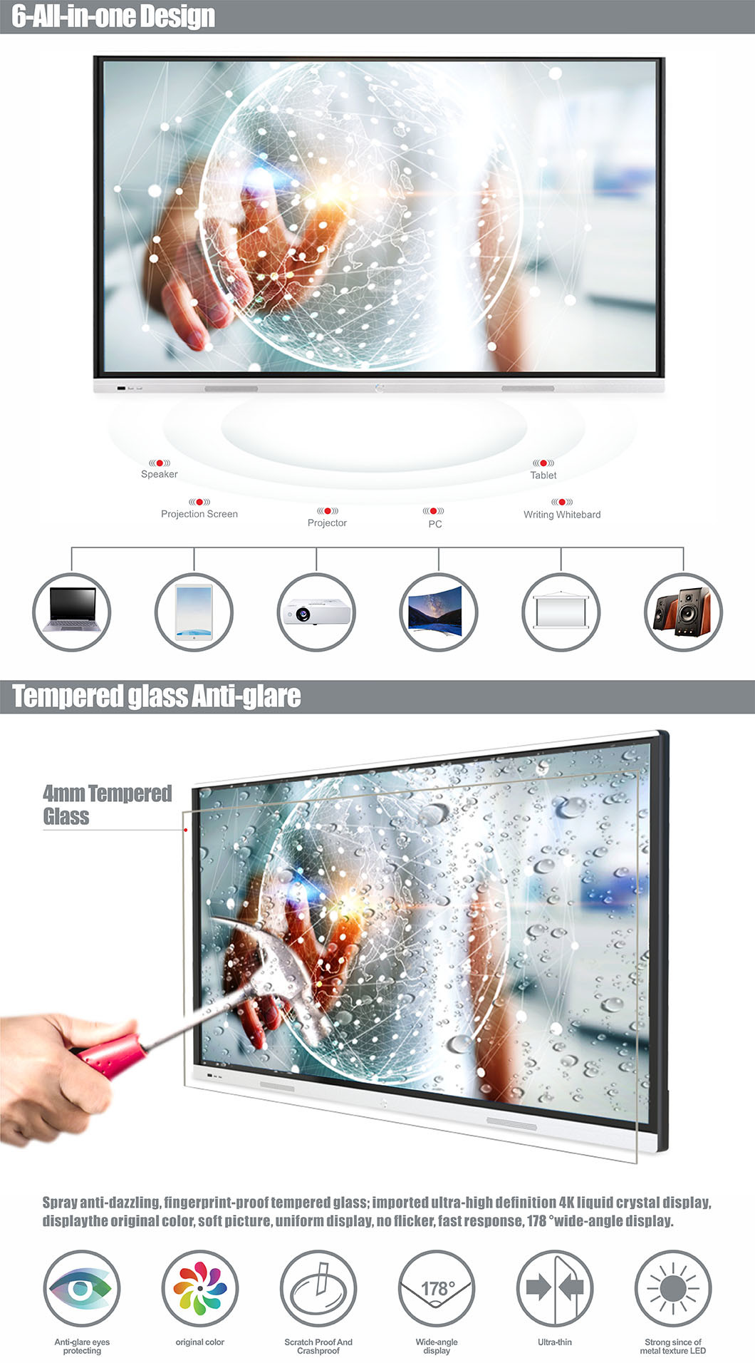 T6 Series Nesting Anti Glare 75 Inch Touch Screen LED LCD Display Monitor Interactive Flat Panel