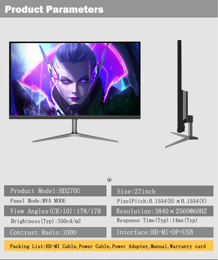 Frameless 27 IPS 4K Hdr LCD LED PC PC Gamer 4K Gaming Monitor