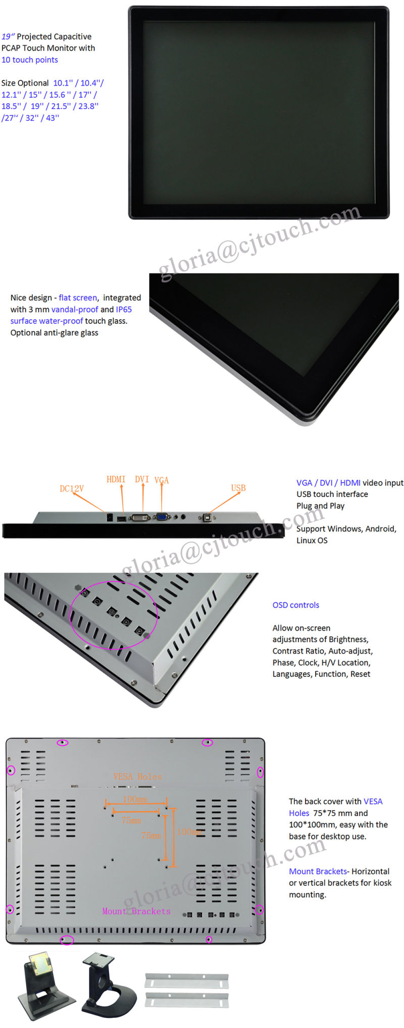 Pcap Touch Screen Monitor China Manufacturer 19'' Capacitive Vandal Proof Touch Screen Monitor