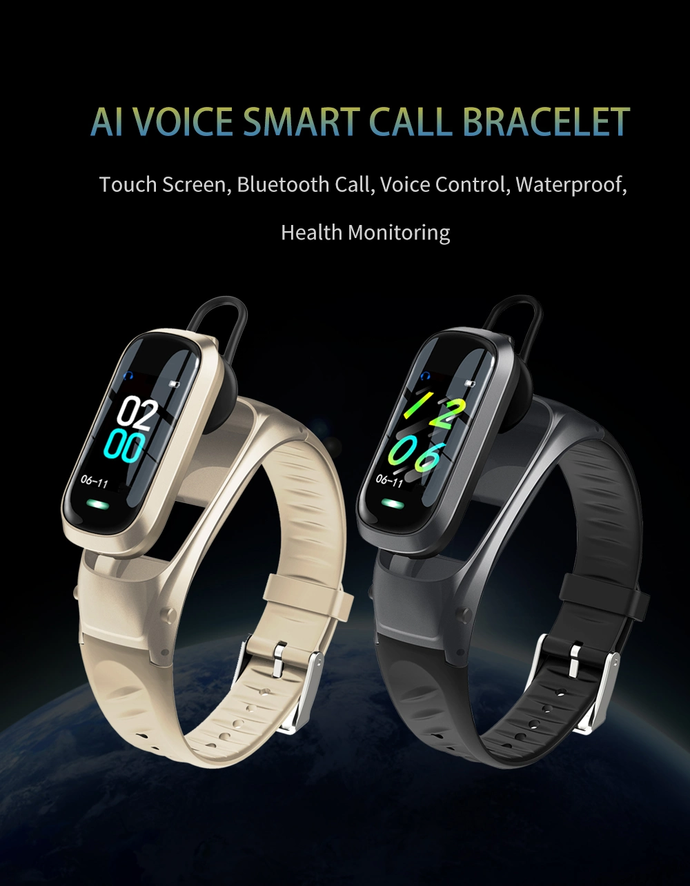 Smart Earphone Bracelet PC+Food Grade Silicone Smart Watch Ai Voice Smart Call Bracelet