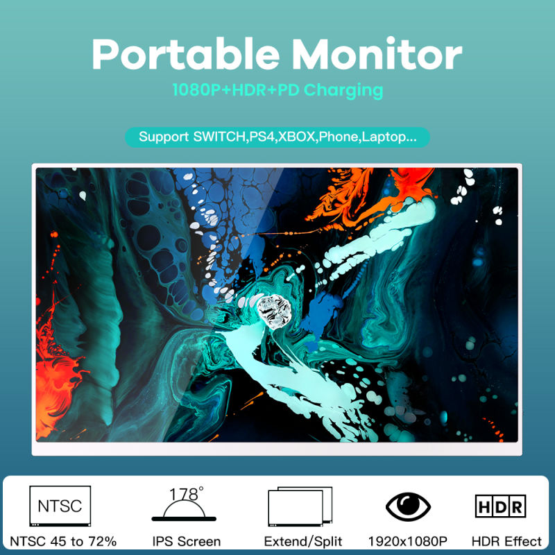 15'' Portable Monitor with HD 1080P IPS Panel Support Screen Expansion for Switch/PS5/PS4/PC/Laptop Gaming Monitor EU Plug