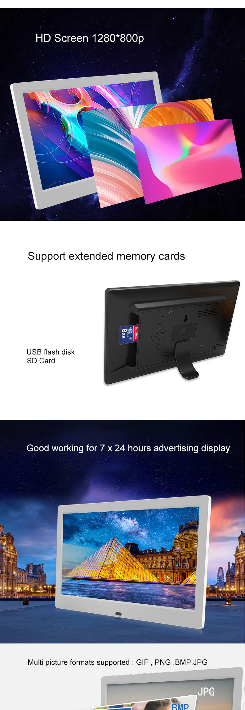 10.1 Inch IPS Screen 1280*800 LCD Display Digital Photo Frame with LED Backlight