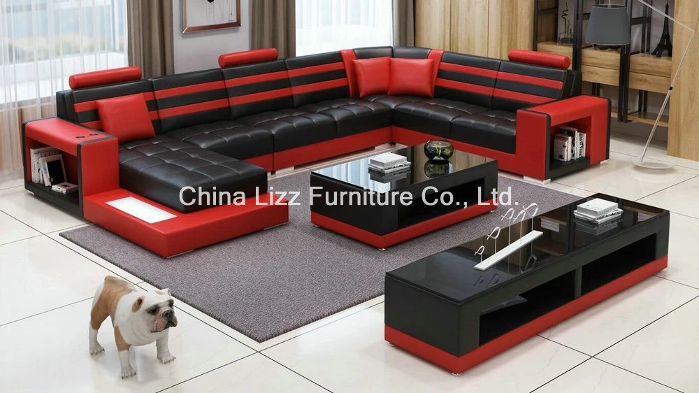 Modern Home Living Room Furniture Italian Leather Sectional Lounge Sofa with Speaker and LED Lights