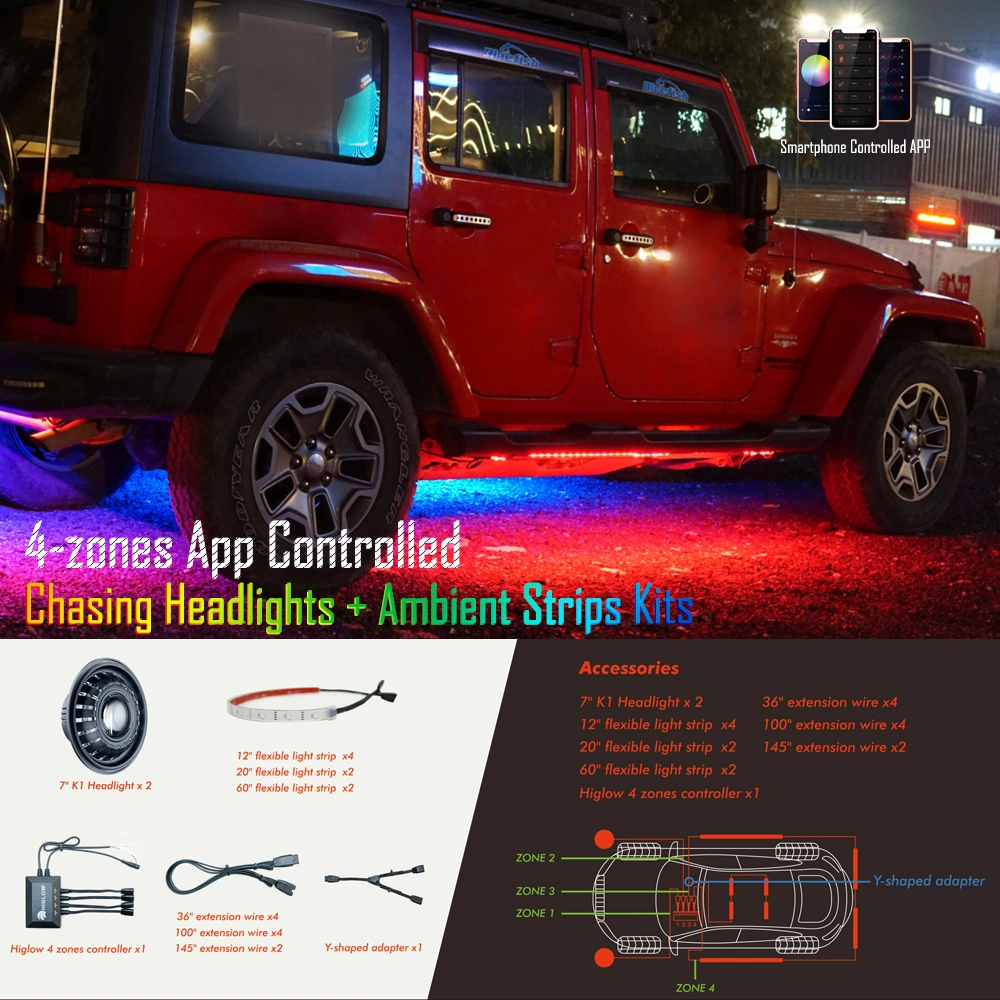 ECE 7inch LED Headlights with Hi/Low Beam APP Controlled RGB Halo Flexible Ambient Strip Lights