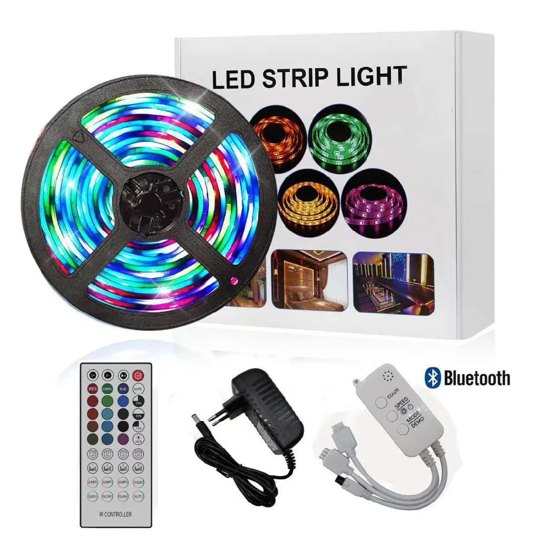 RGB Dimmable LED Strip Lights Bluetooth SMD 5050 Smart Timing LED Rope Light Strips Kits with 44 Key RF Remote Controller 12V 5A Adapter