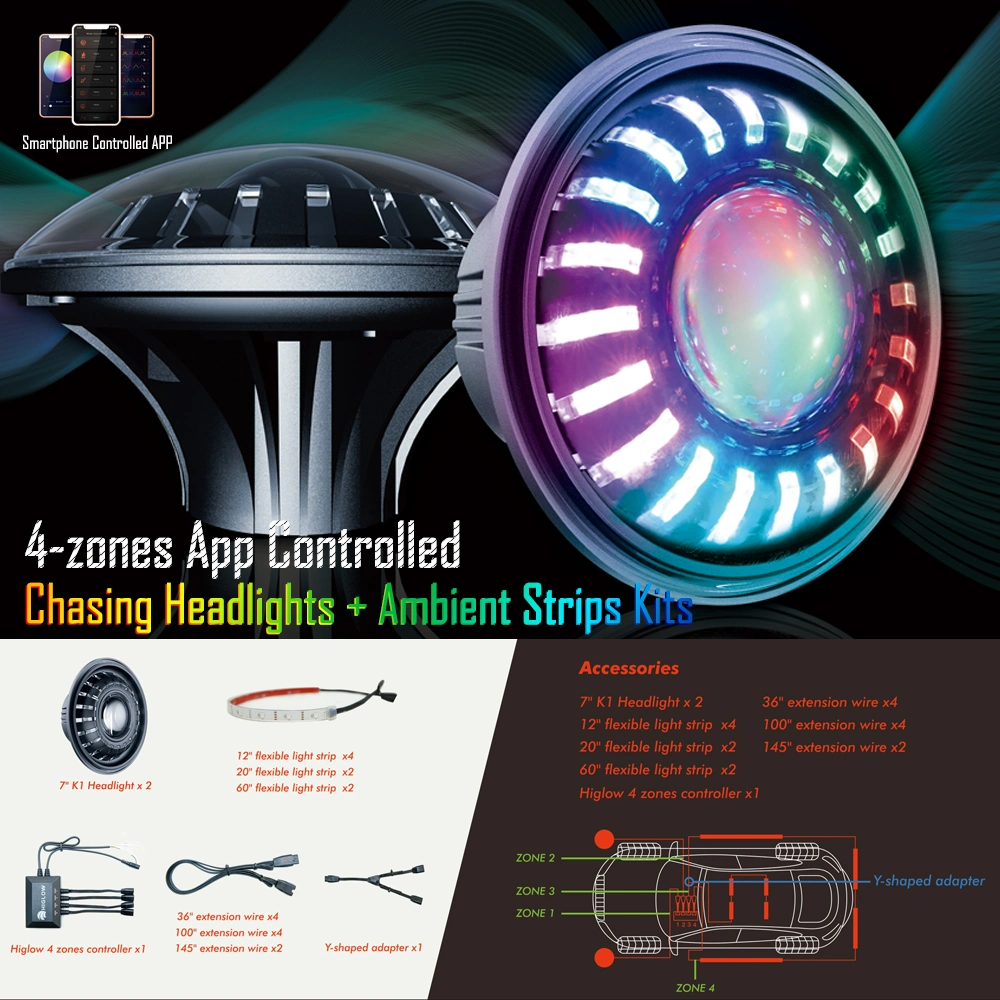 DOT SAE RGB Color Changing LED Headlights with DRL Interior Exterior Strip Lights