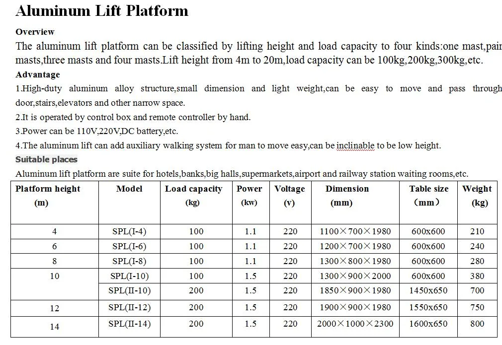 6m 8m Aluminum Lift Table Single Mast Work Lift Platform Electric Lift Table Lifting Equipment Aerial Work Platform Work Platform