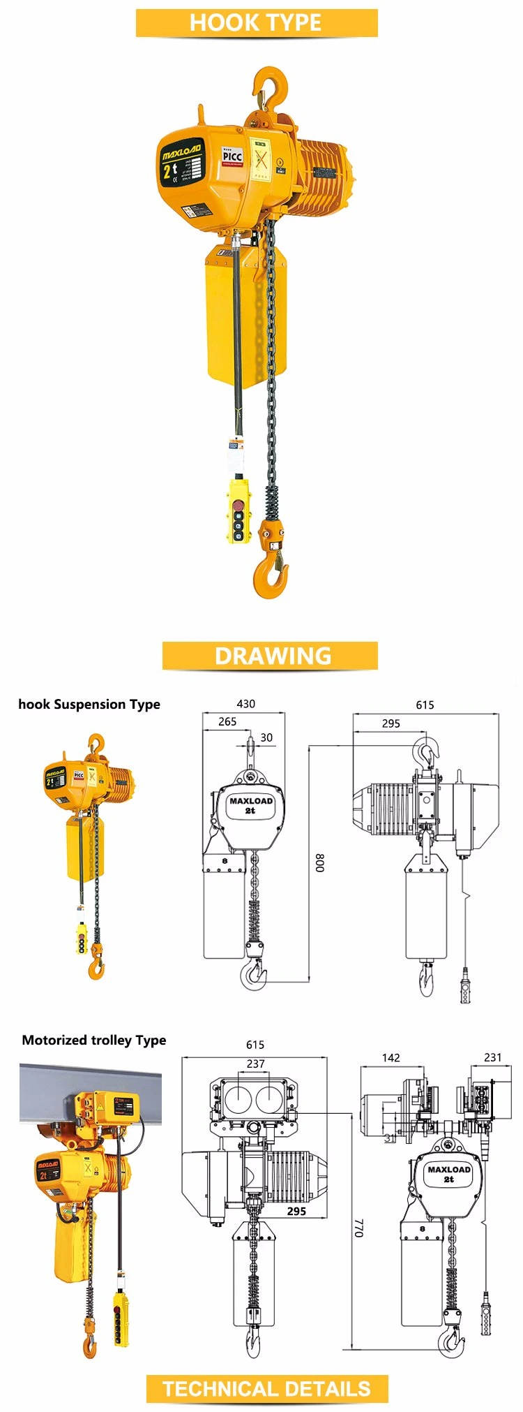 Hoisting Equipment Hook Suspension 2t Electric Chain Hoist