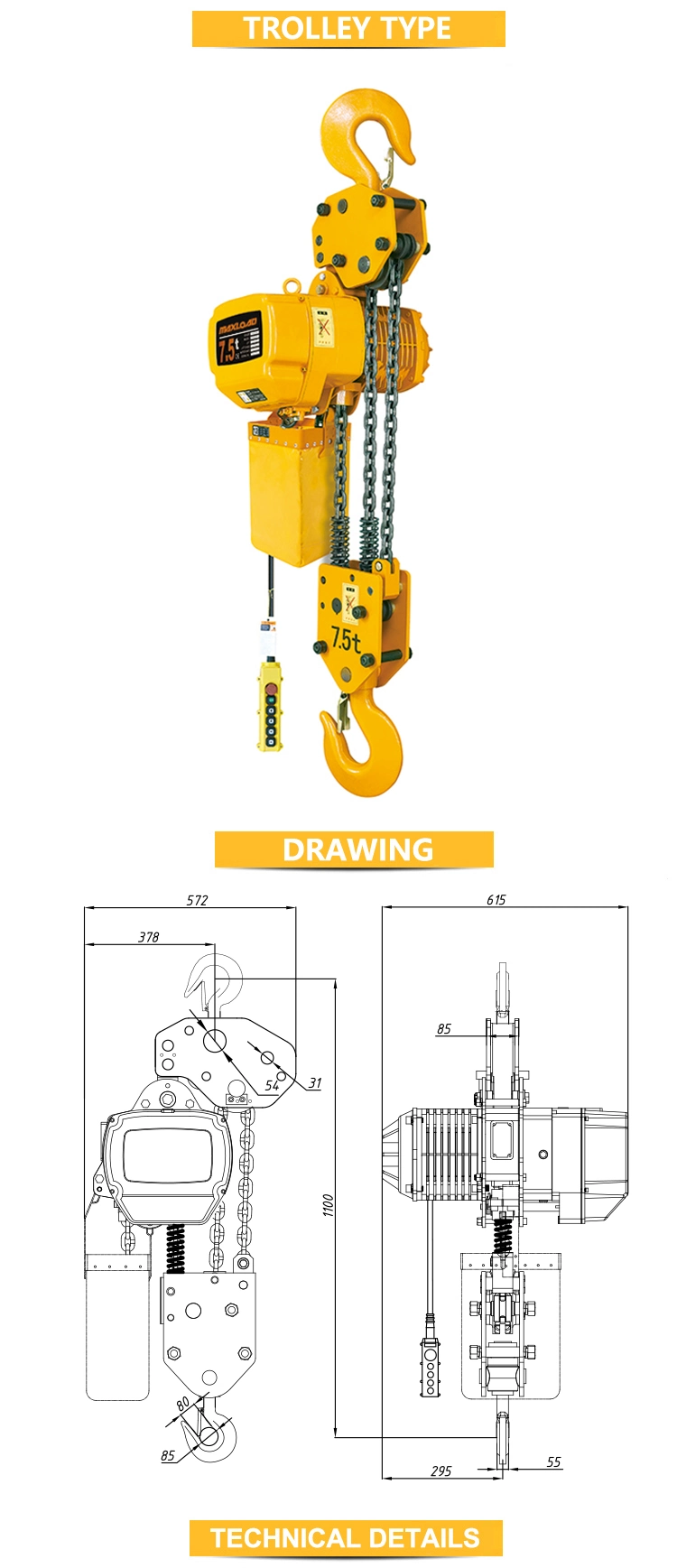 Fixed Model 7.5t Electric Chain Hoist for Sale Popular in China