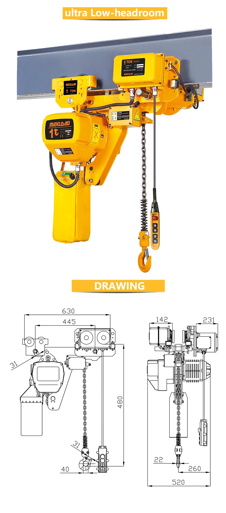 Light Duty 1t Capacity Electric Chain Hoist Used in Limited Space