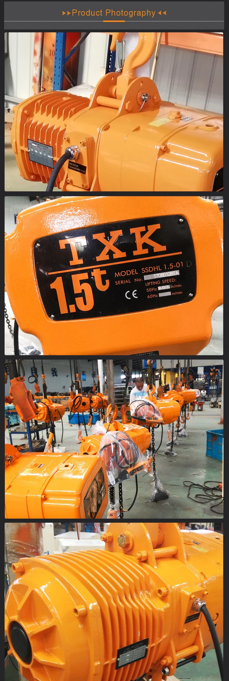 1.5 Ton Construction Usage Workshop 380V Electric Motor Chain Hoist Block
