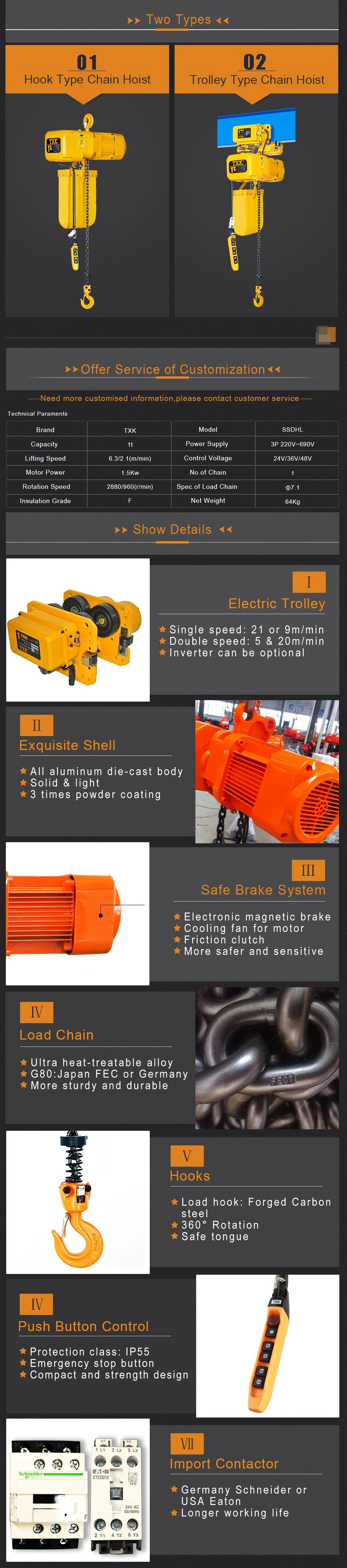 Outdoor Chain Hoist 1 Ton Single Speed M Series Electric Chain Hoist with Trolley