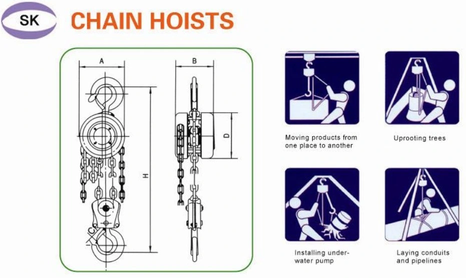 Hangzhou Dele Professional Sk Manual 1 Ton Chain Hoist Hand Lifting Pulley Chain Block