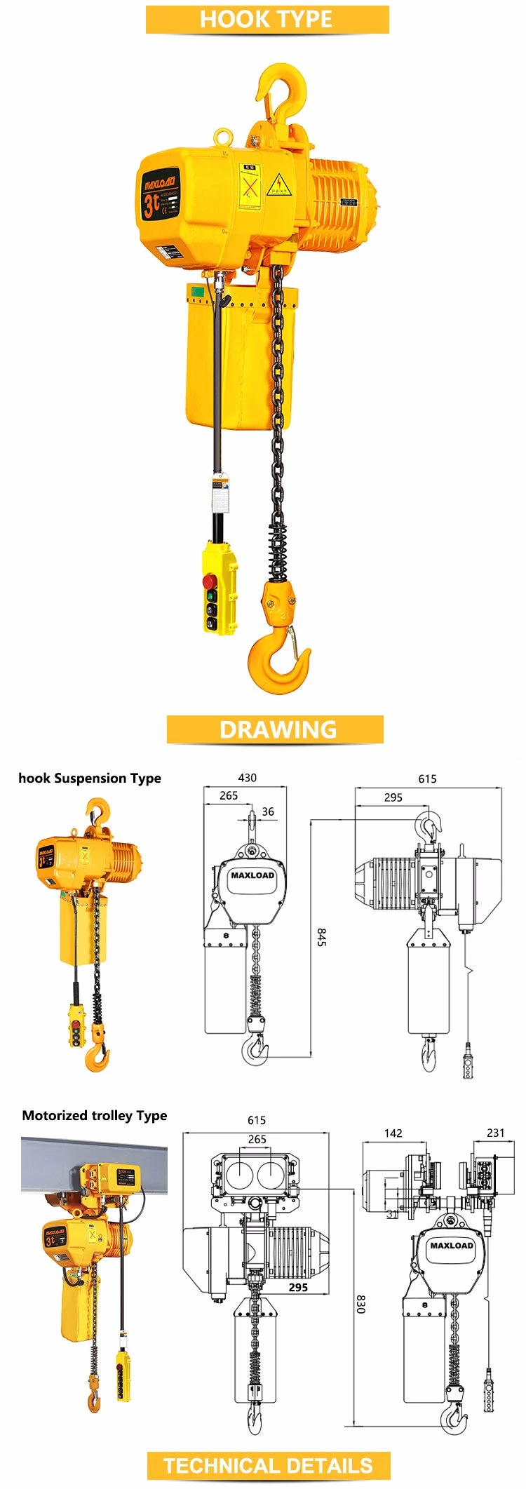 3 Ton Hhbb Type Electric Chain Hoist for Lifting with Hook Suspension