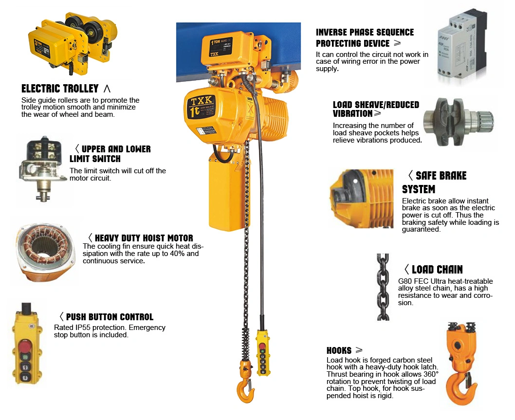 Rail Hoist 3 Ton Electric Chain Hoist with Trolley with 2 Chain Falls