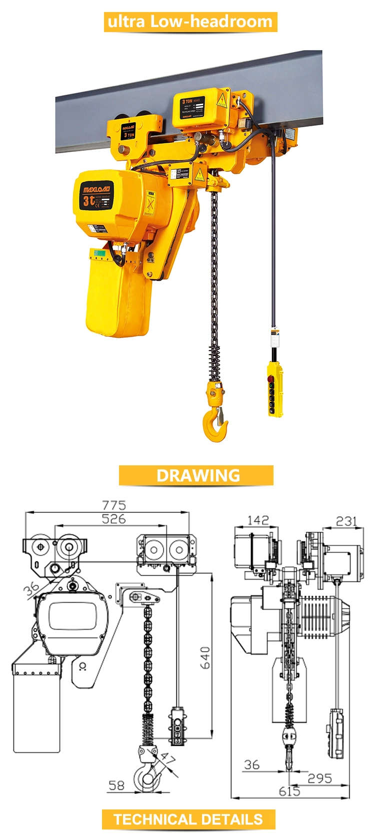 Low-Power and Low-Noise Capacity 3t Electric Chain Hoist