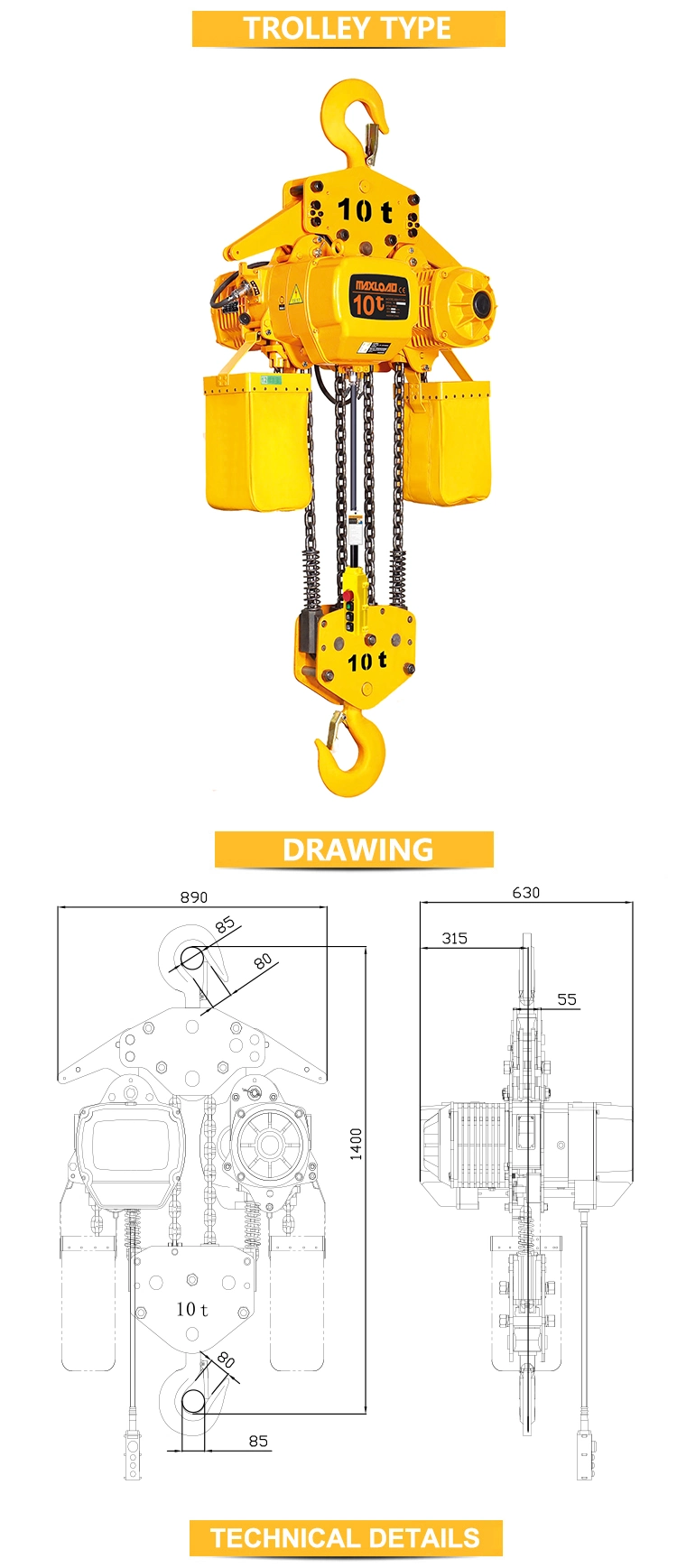 High Performance Operation 10t Electric Lifting Chain Hoist Hook Suspension