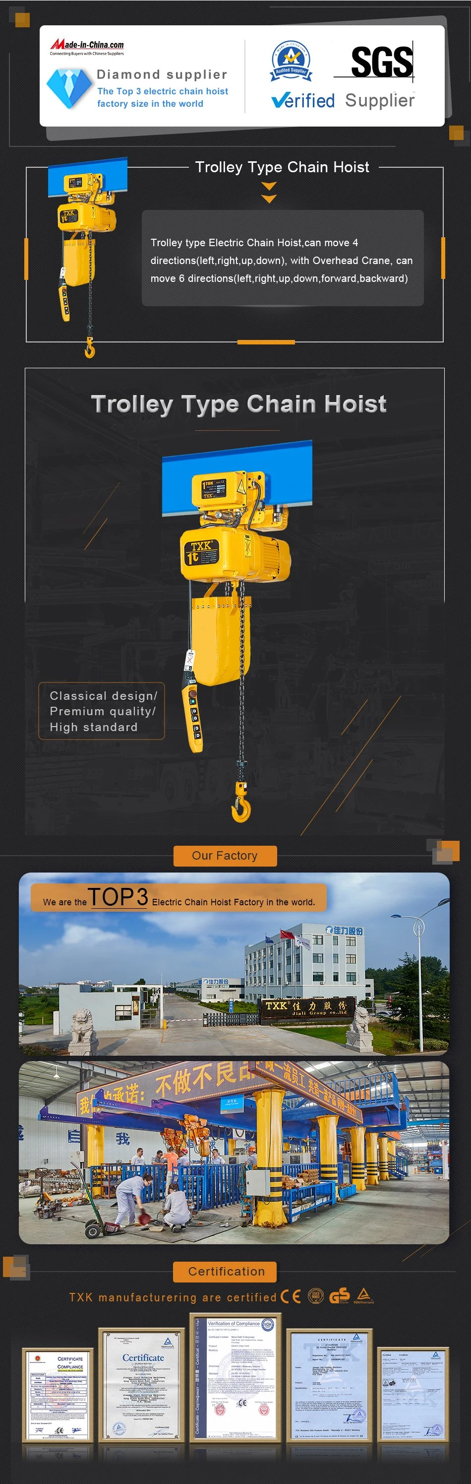 Outdoor Chain Hoist 1 Ton Single Speed M Series Electric Chain Hoist with Trolley