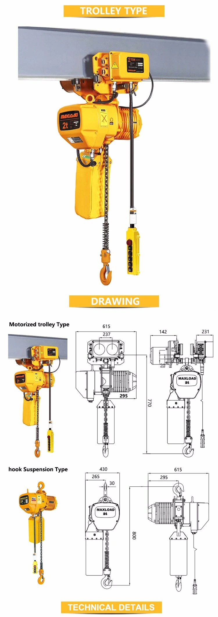 Light Duty 2t Electric Chain Hoist with Monorail Trolley