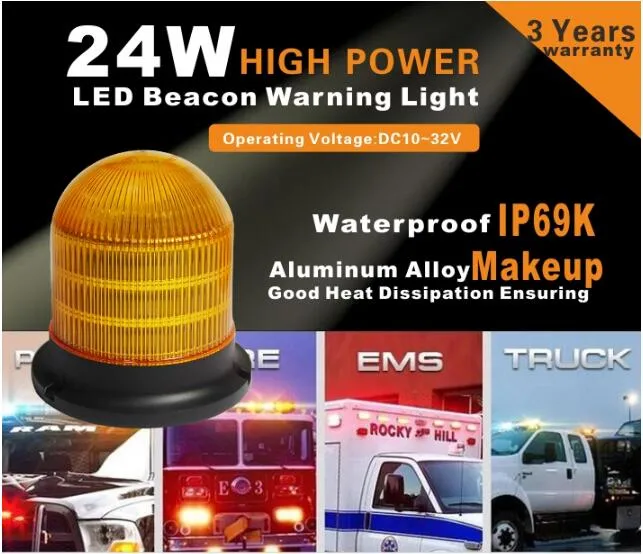 24W Automobiles Aluminium Base Rotating Amber Waring Lights Security Beacon