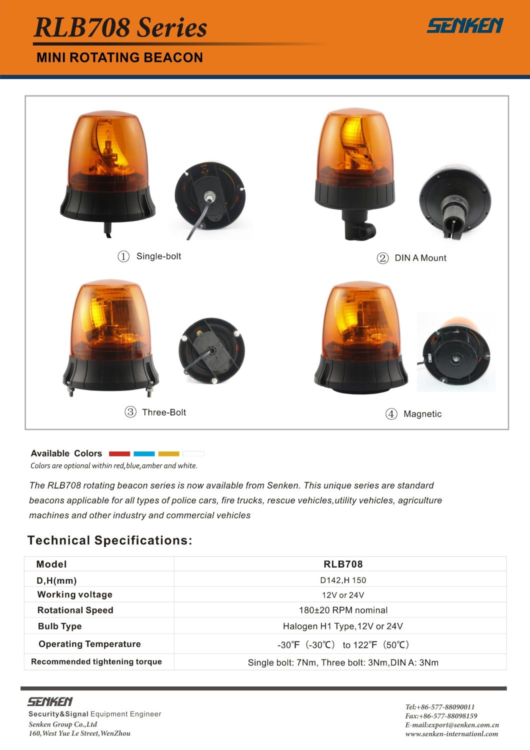 Senken Rlb708 Halogen Rotate Beacon Warning Light for Police or Truck