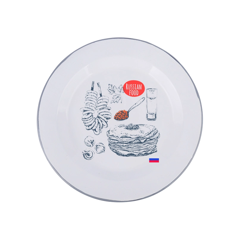 Russian Food Plate Brin Cake Dish High White Round Pie Dish Rolled Rim Painted Black Bortsch Soup Deep Plate Stroganoff Metal Dish Kitchen Enamel Dish