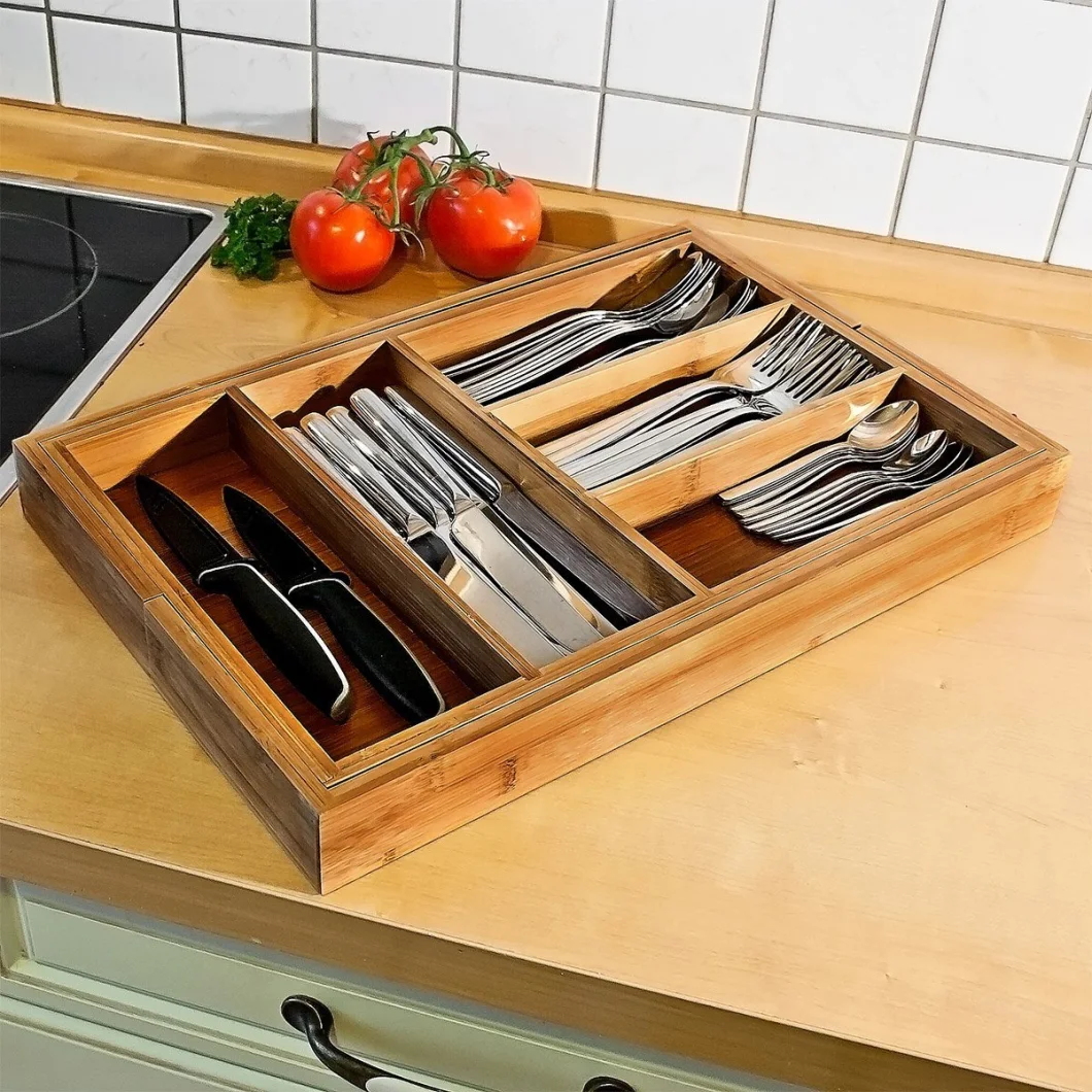 Large Expandable Bamboo Cutlery Tray Drawer Utensil Organizer with 7 Sections - 2 Adjustable Parts to Fit Comfortable in Kitchen Drawers