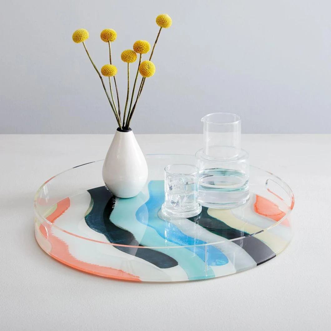 Round Desktop Clear Acrylic Fruit Food Tray Organizer Decorative Custom Printed Plexiglass Serving Tray